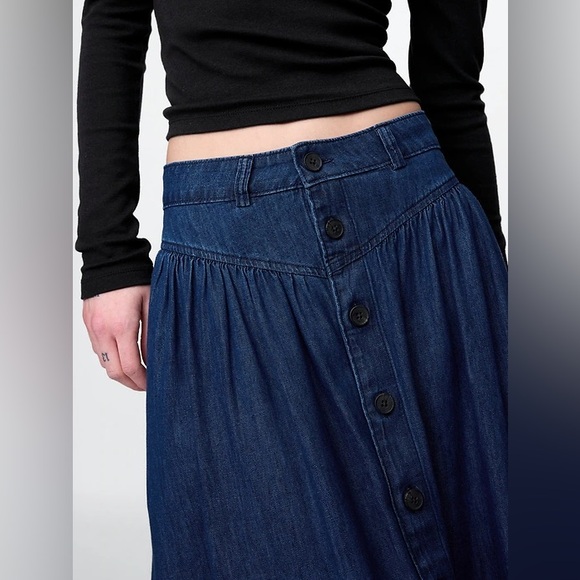 Gap Denim Western Yoke Midi Skirt 12 31 Dark Wash Cottagecore Rodeo Boho pockets - Picture 3 of 11